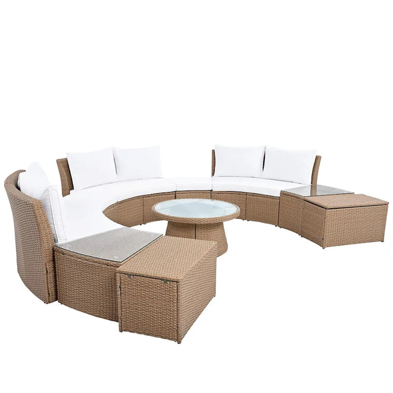 Canapé d'angle modulable 10 places en rotin pour l'extérieur avec table basse et tables d'appoint