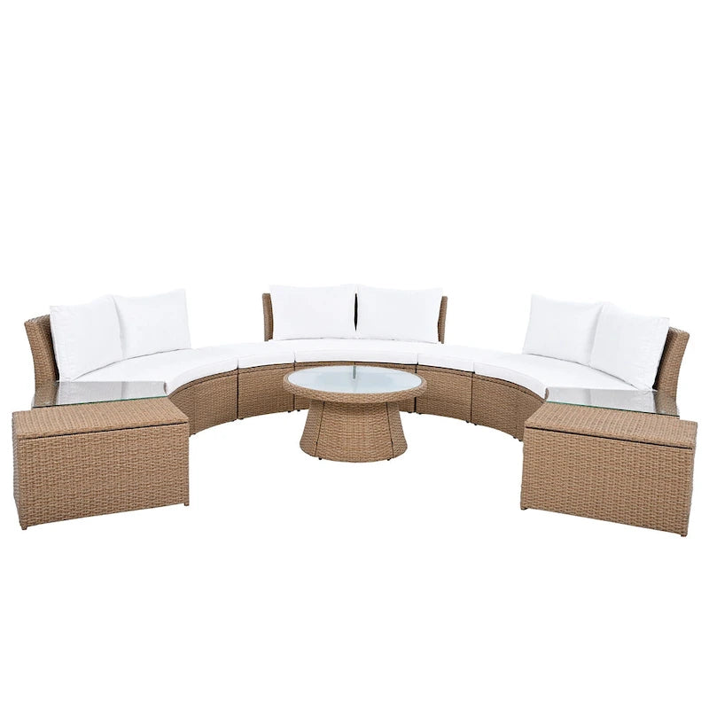 Canapé d'angle modulable 10 places en rotin pour l'extérieur avec table basse et tables d'appoint