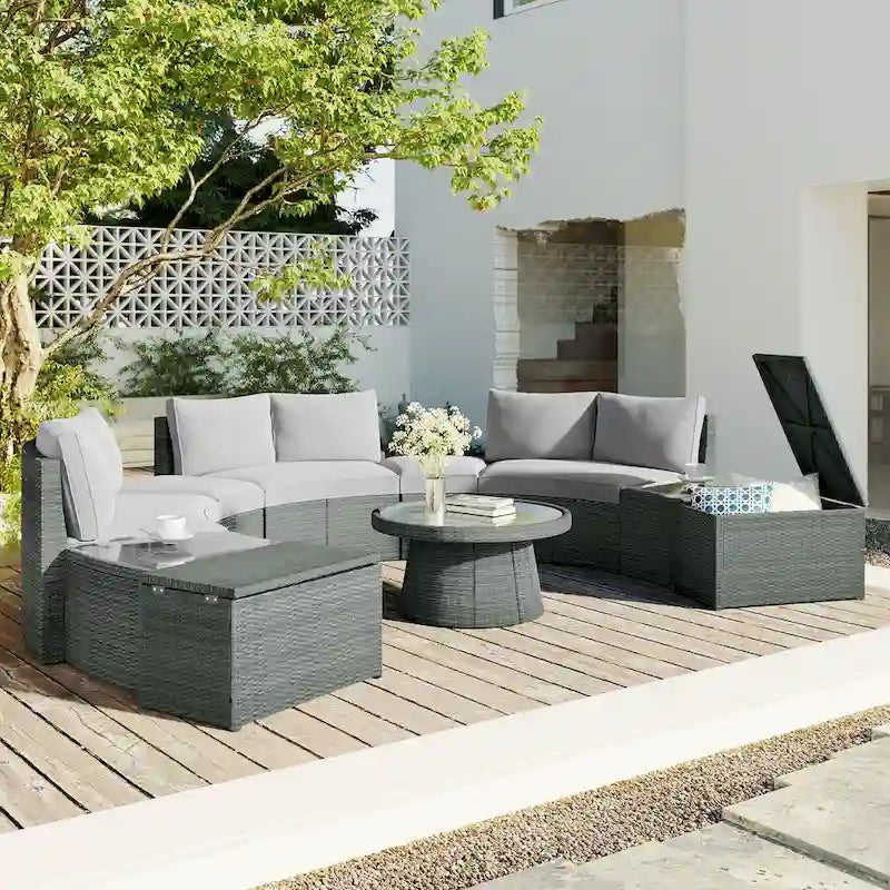 Canapé d'angle modulable 10 places en rotin pour l'extérieur avec table basse et tables d'appoint