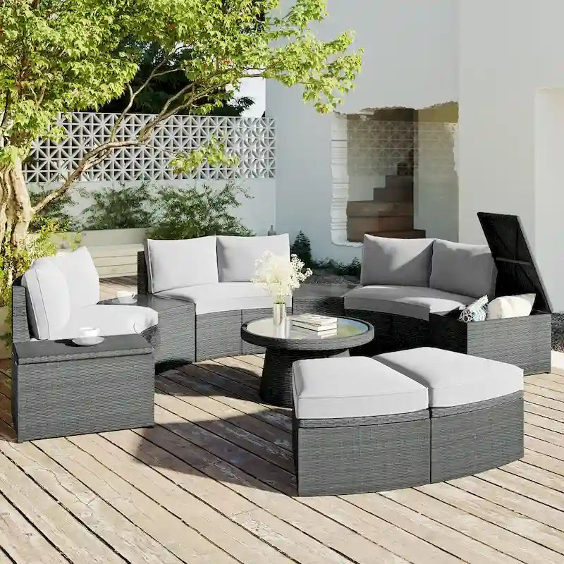 Canapé d'angle modulable 10 places en rotin pour l'extérieur avec table basse et tables d'appoint