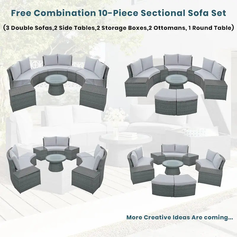 Canapé d'angle modulable 10 places en rotin pour l'extérieur avec table basse et tables d'appoint