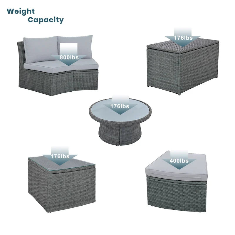 Canapé d'angle modulable 10 places en rotin pour l'extérieur avec table basse et tables d'appoint