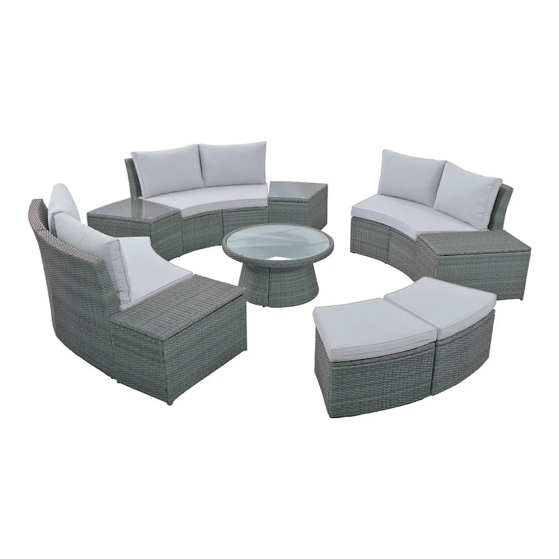 Canapé d'angle modulable 10 places en rotin pour l'extérieur avec table basse et tables d'appoint