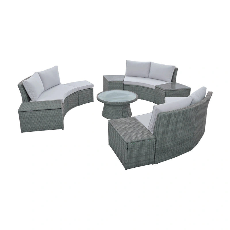 Canapé d'angle modulable 10 places en rotin pour l'extérieur avec table basse et tables d'appoint