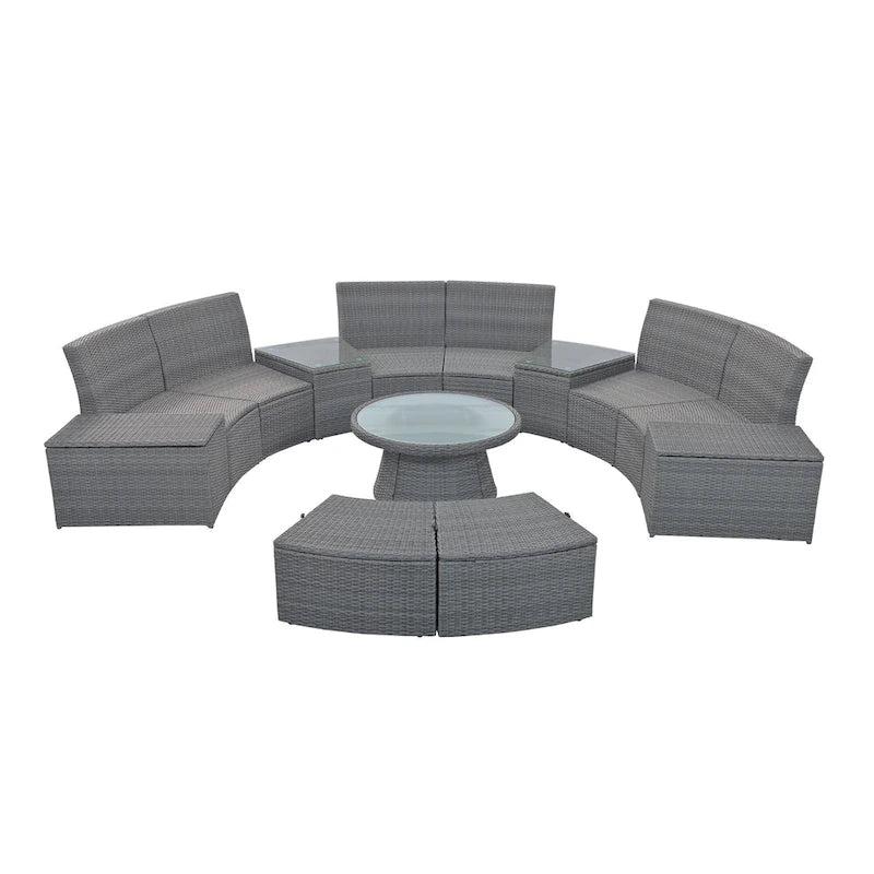Canapé d'angle modulable 10 places en rotin pour l'extérieur avec table basse et tables d'appoint