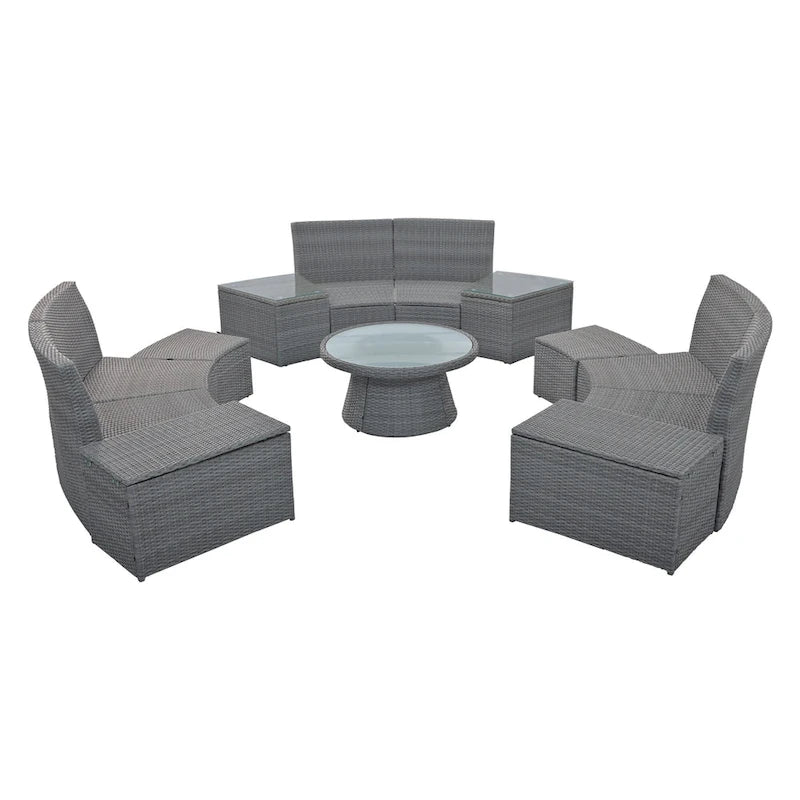 Canapé d'angle modulable 10 places en rotin pour l'extérieur avec table basse et tables d'appoint