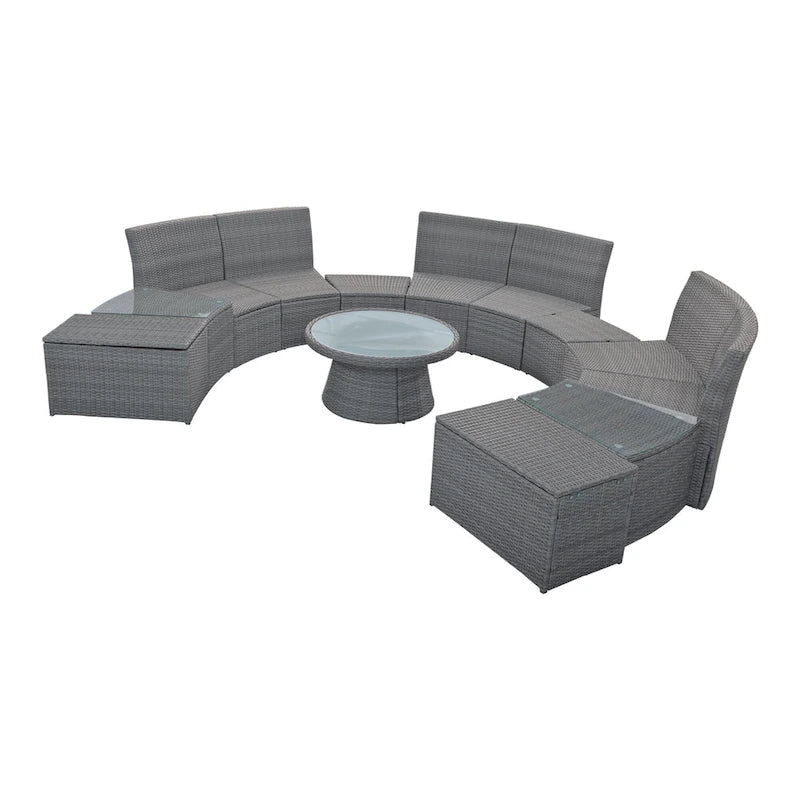 Canapé d'angle modulable 10 places en rotin pour l'extérieur avec table basse et tables d'appoint