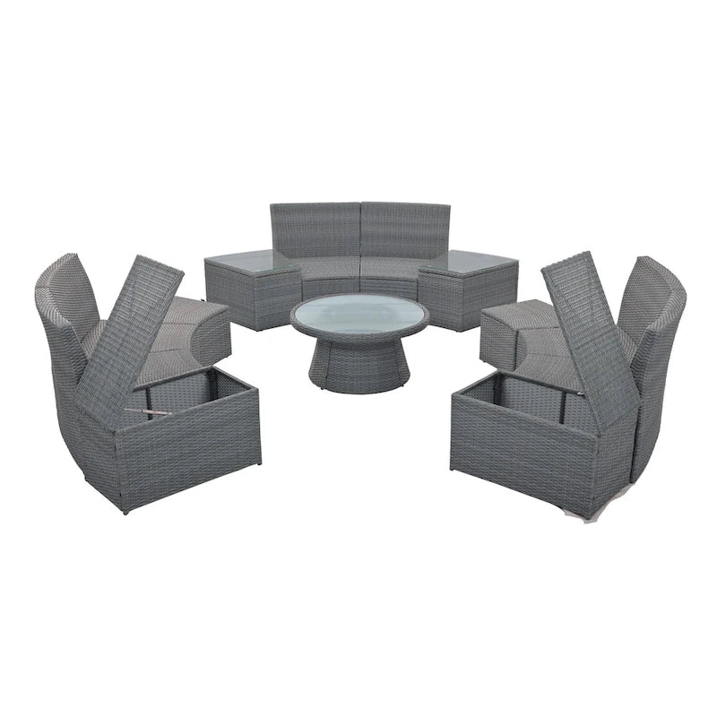 Canapé d'angle modulable 10 places en rotin pour l'extérieur avec table basse et tables d'appoint
