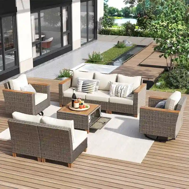Outdoor 8-Piece Wicker Conversation Sectional Sofa Set with Swivel Chairs & Storage Table