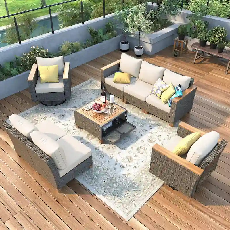 Ensemble de canapé d'angle conversationnel 8 pièces en osier pour l'extérieur avec fauteuils pivotants et table de rangement