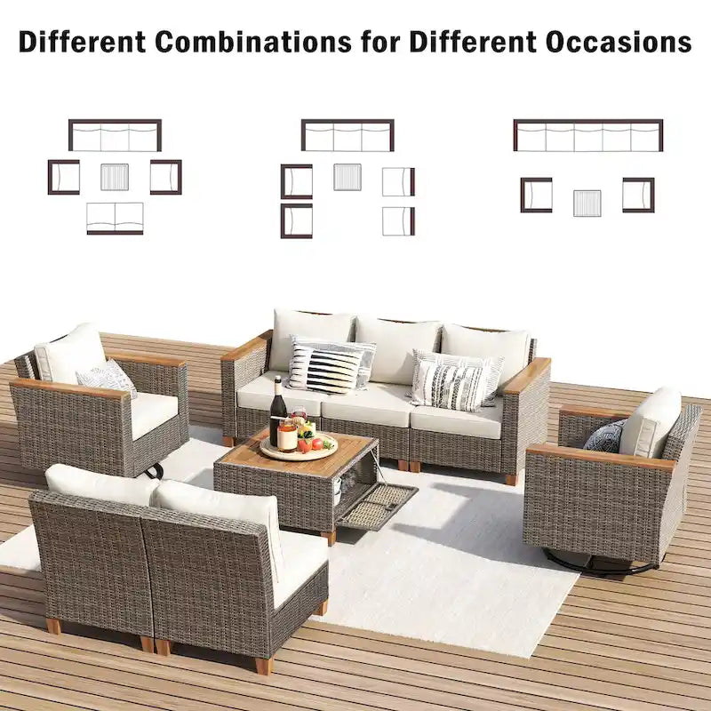 Ensemble de canapé d'angle conversationnel 8 pièces en osier pour l'extérieur avec fauteuils pivotants et table de rangement