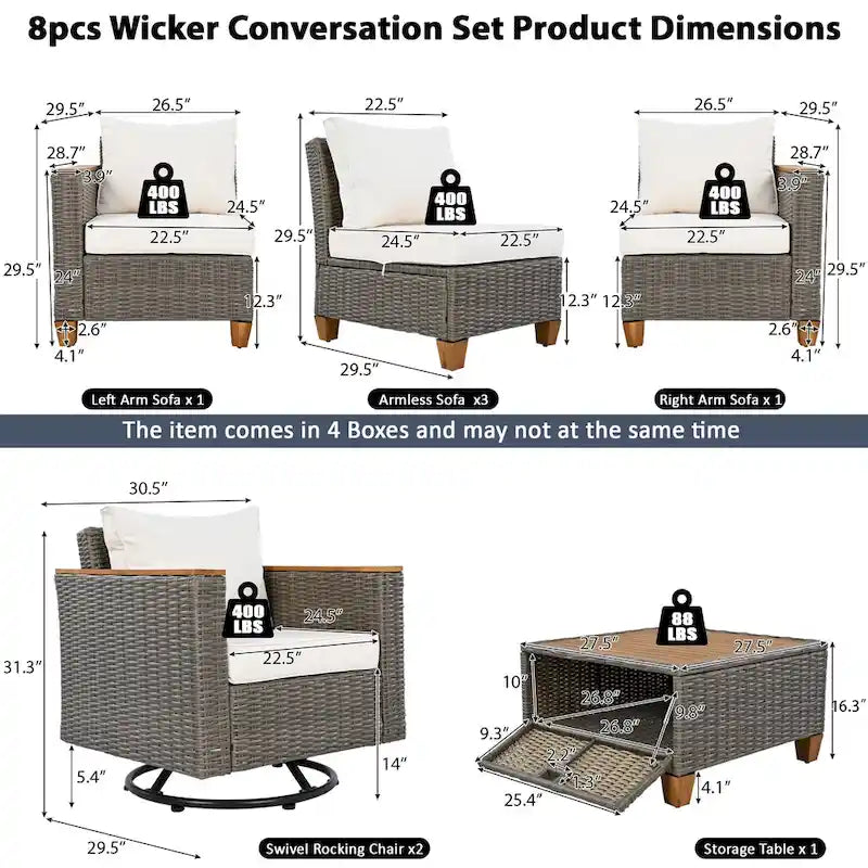 Ensemble de canapé d'angle conversationnel 8 pièces en osier pour l'extérieur avec fauteuils pivotants et table de rangement