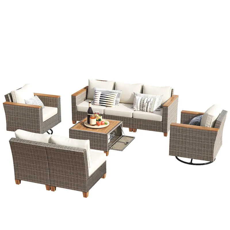 Ensemble de canapé d'angle conversationnel 8 pièces en osier pour l'extérieur avec fauteuils pivotants et table de rangement
