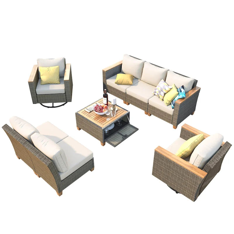 Ensemble de canapé d'angle conversationnel 8 pièces en osier pour l'extérieur avec fauteuils pivotants et table de rangement