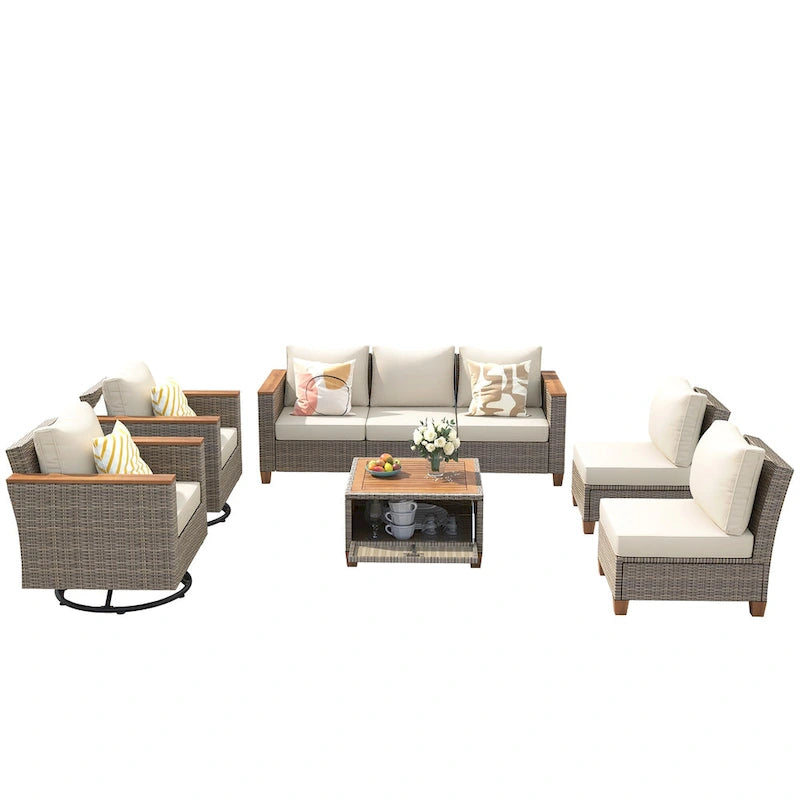 Ensemble de canapé d'angle conversationnel 8 pièces en osier pour l'extérieur avec fauteuils pivotants et table de rangement