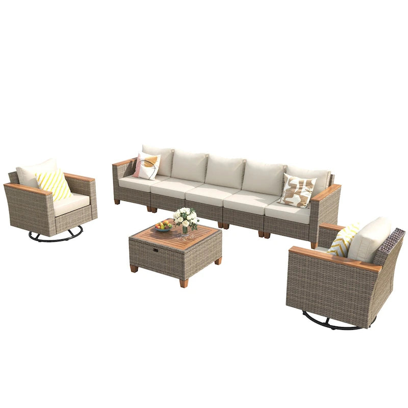 Ensemble de canapé d'angle conversationnel 8 pièces en osier pour l'extérieur avec fauteuils pivotants et table de rangement