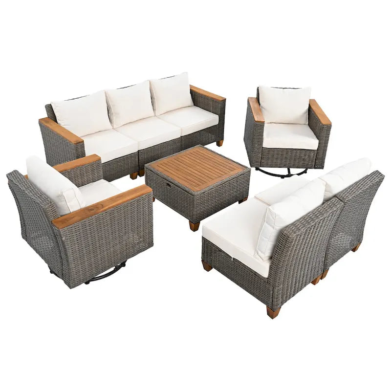 Ensemble de canapé d'angle conversationnel 8 pièces en osier pour l'extérieur avec fauteuils pivotants et table de rangement