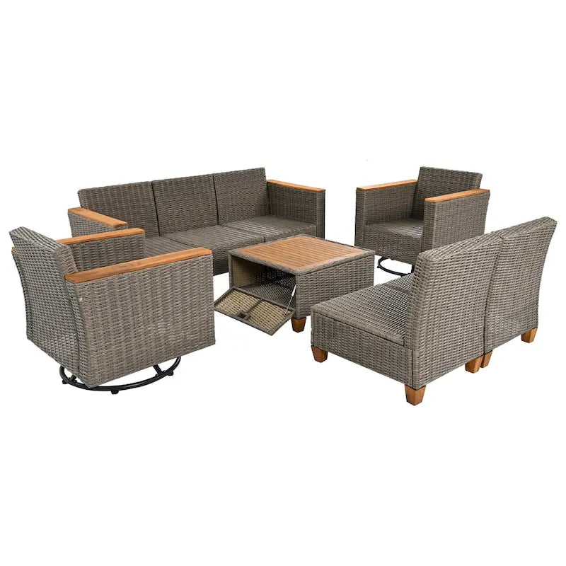 Ensemble de canapé d'angle conversationnel 8 pièces en osier pour l'extérieur avec fauteuils pivotants et table de rangement