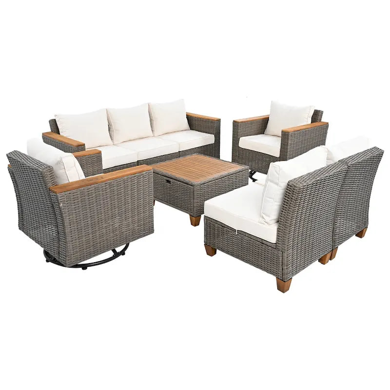 Ensemble de canapé d'angle conversationnel 8 pièces en osier pour l'extérieur avec fauteuils pivotants et table de rangement