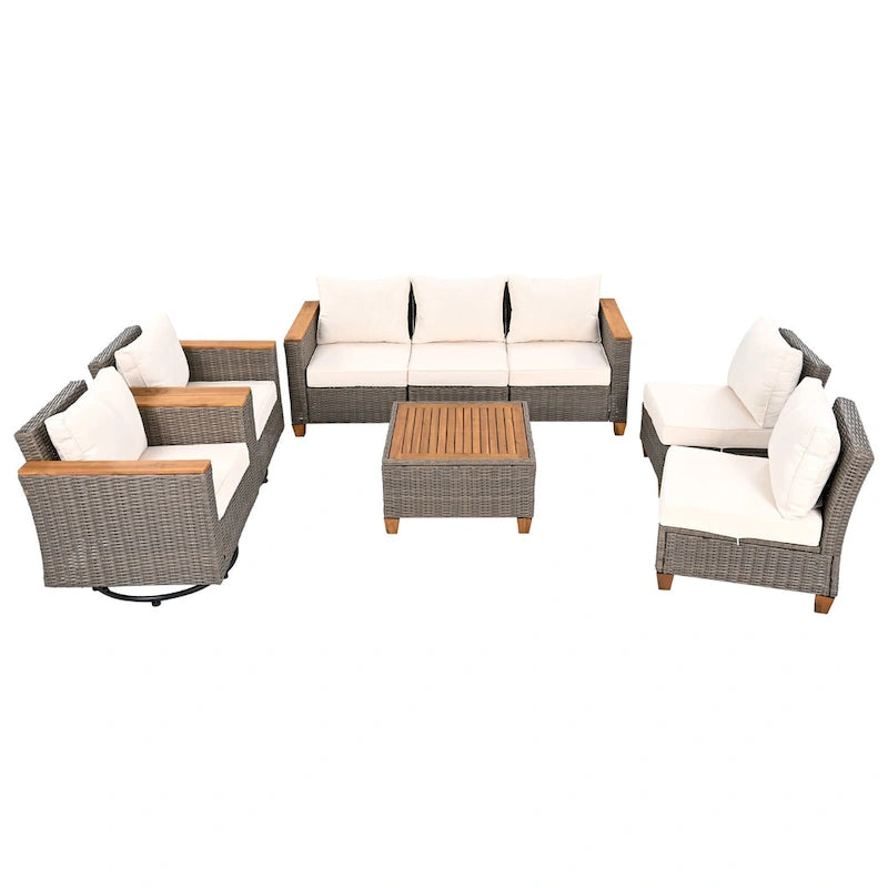 Ensemble de canapé d'angle conversationnel 8 pièces en osier pour l'extérieur avec fauteuils pivotants et table de rangement