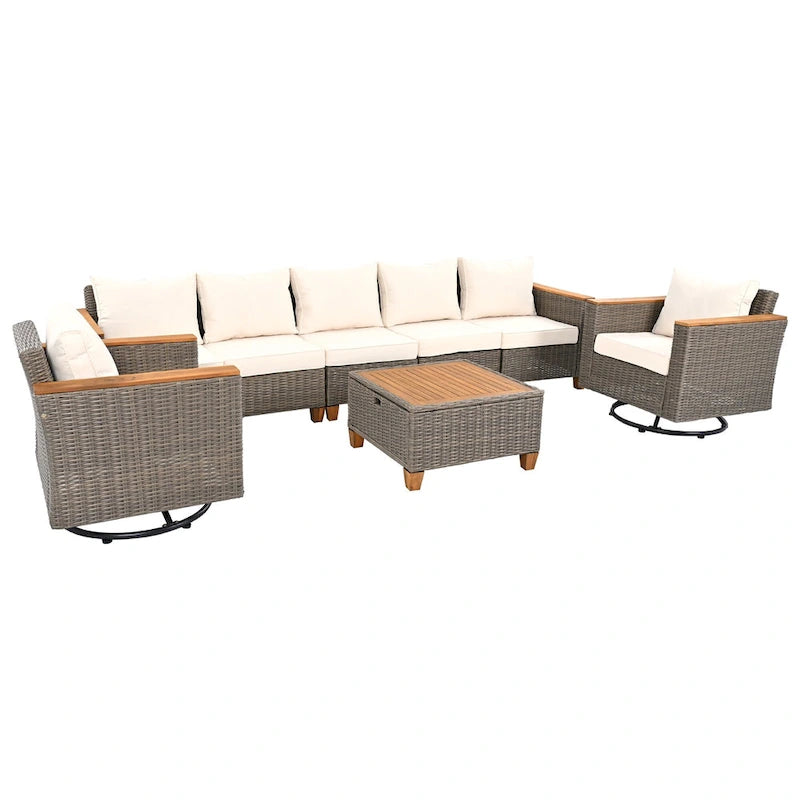 Ensemble de canapé d'angle conversationnel 8 pièces en osier pour l'extérieur avec fauteuils pivotants et table de rangement