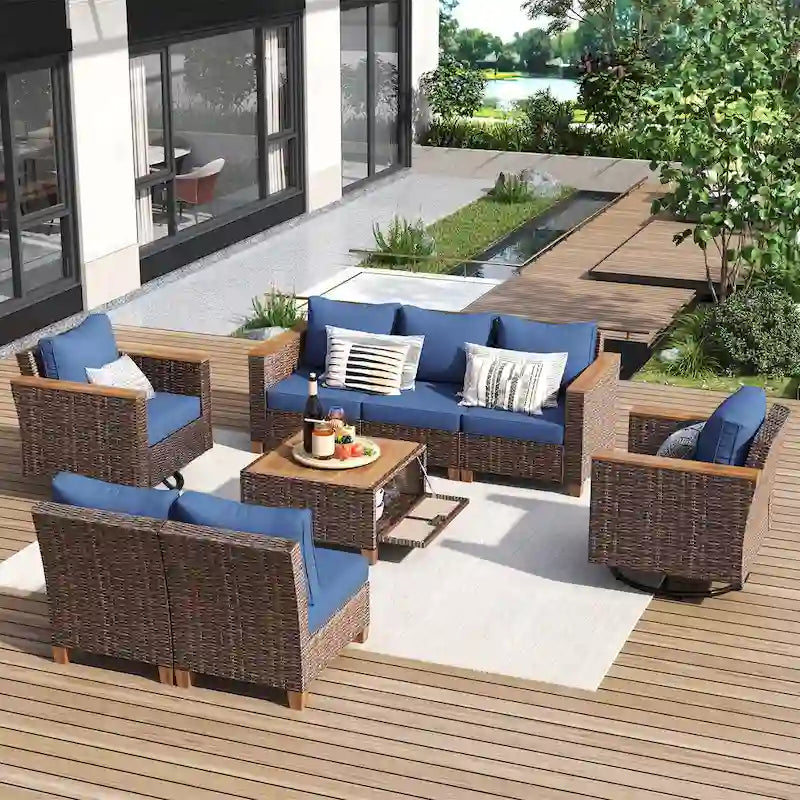 Ensemble de canapé d'angle conversationnel 8 pièces en osier pour l'extérieur avec fauteuils pivotants et table de rangement