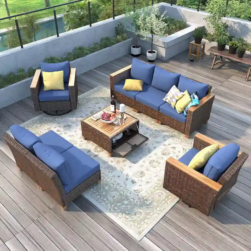 Ensemble de canapé d'angle conversationnel 8 pièces en osier pour l'extérieur avec fauteuils pivotants et table de rangement