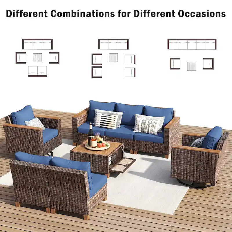 Ensemble de canapé d'angle conversationnel 8 pièces en osier pour l'extérieur avec fauteuils pivotants et table de rangement