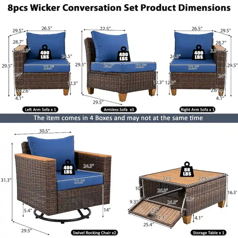 Ensemble de canapé d'angle conversationnel 8 pièces en osier pour l'extérieur avec fauteuils pivotants et table de rangement