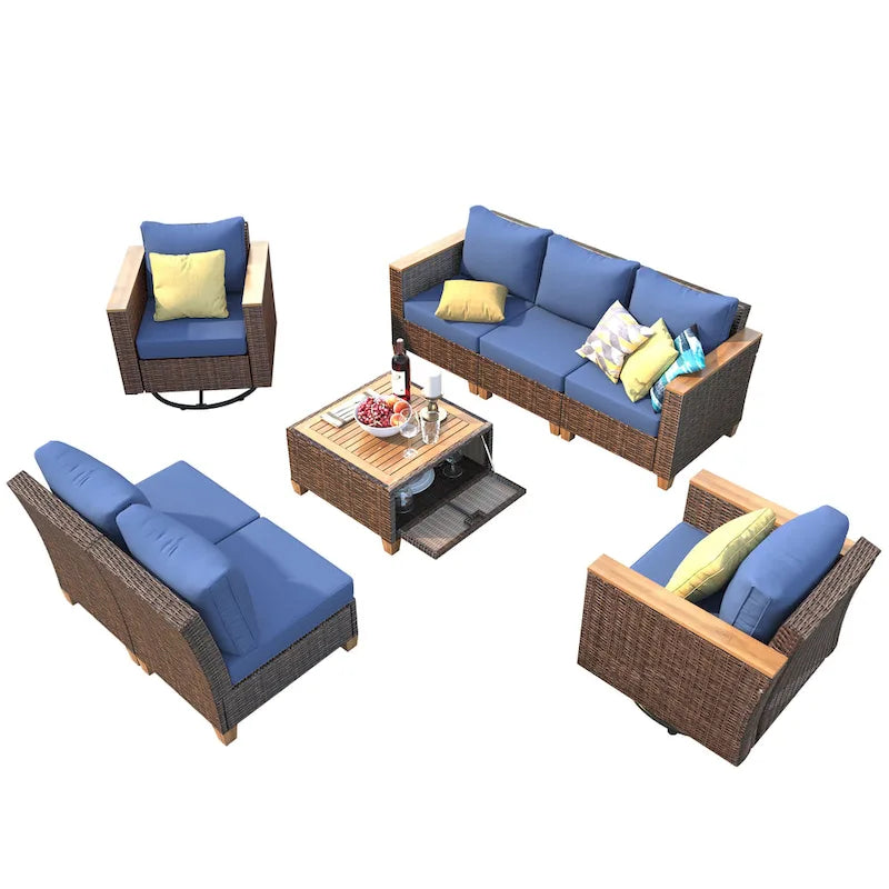 Ensemble de canapé d'angle conversationnel 8 pièces en osier pour l'extérieur avec fauteuils pivotants et table de rangement