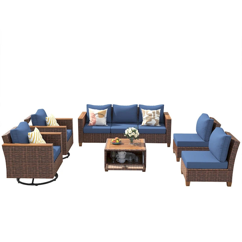 Ensemble de canapé d'angle conversationnel 8 pièces en osier pour l'extérieur avec fauteuils pivotants et table de rangement