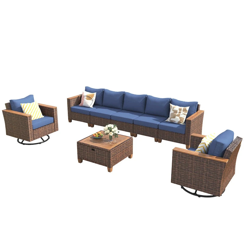 Ensemble de canapé d'angle conversationnel 8 pièces en osier pour l'extérieur avec fauteuils pivotants et table de rangement