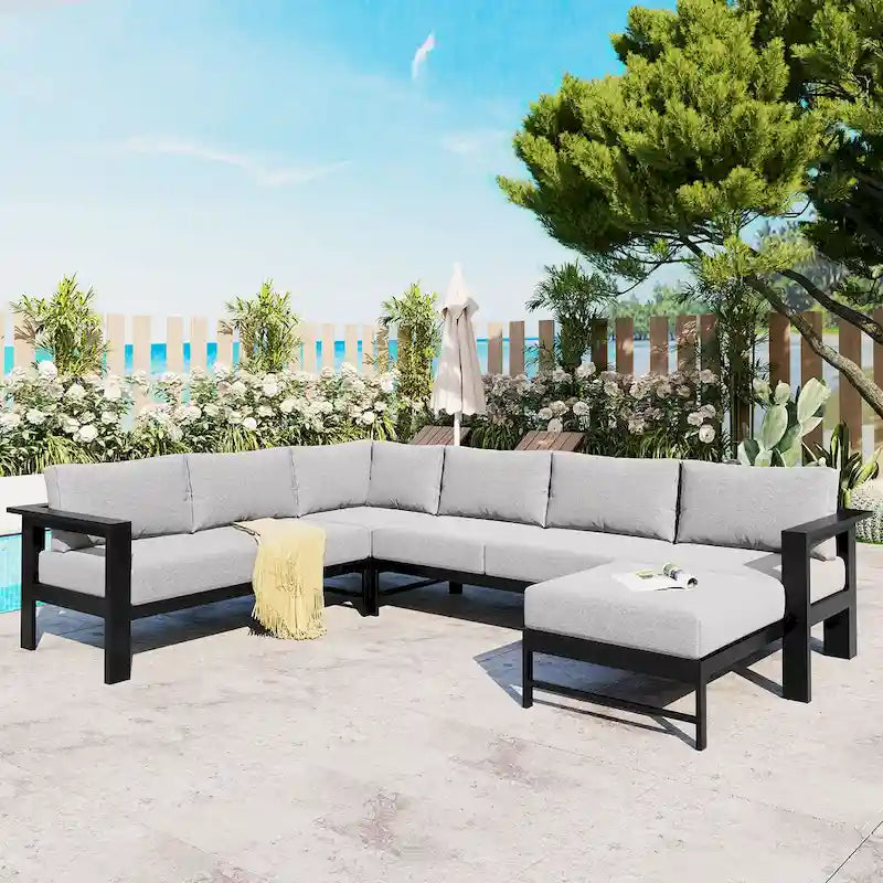 Canapé d'angle d'extérieur en aluminium en forme de U 4 pièces avec coussins