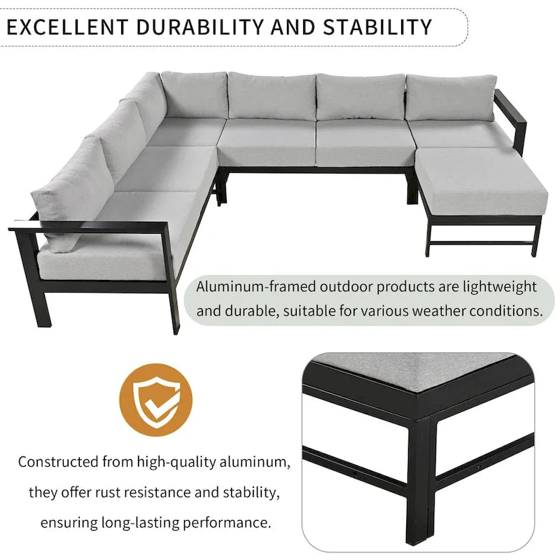 Canapé d'angle d'extérieur en aluminium en forme de U 4 pièces avec coussins