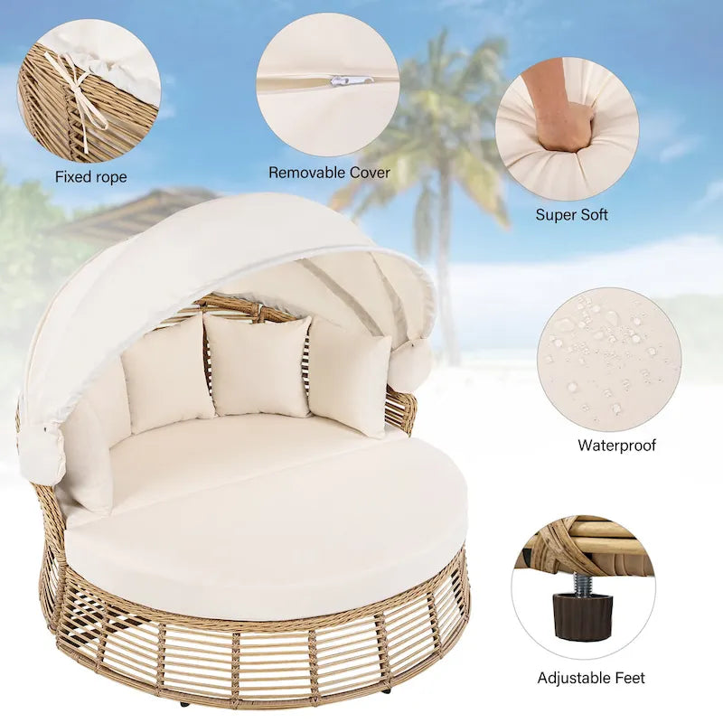 Lit de repos rond en rotin pour terrasse extérieure avec auvent rétractable et coussins amovibles
