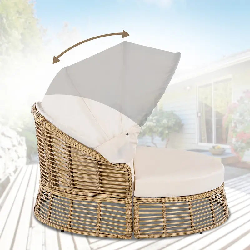 Lit de repos rond en rotin pour terrasse extérieure avec auvent rétractable et coussins amovibles