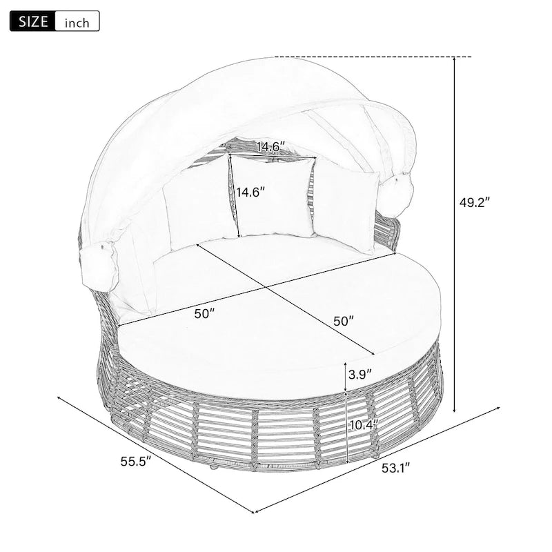 Lit de repos rond en rotin pour terrasse extérieure avec auvent rétractable et coussins amovibles