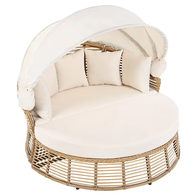 Lit de repos rond en rotin pour terrasse extérieure avec auvent rétractable et coussins amovibles