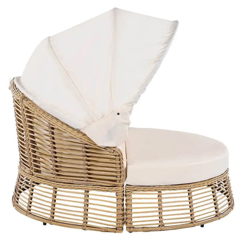 Lit de repos rond en rotin pour terrasse extérieure avec auvent rétractable et coussins amovibles