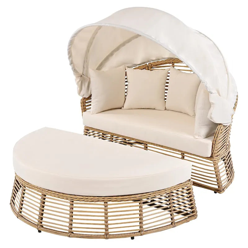 Lit de repos rond en rotin pour terrasse extérieure avec auvent rétractable et coussins amovibles