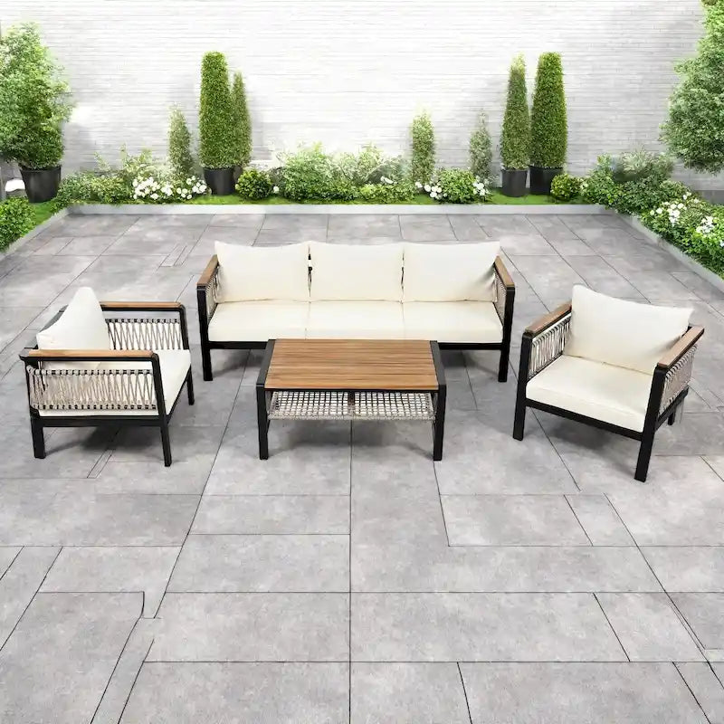 4-Piece Outdoor Cnversation Sectional Sofa Set with Water-Resistant Cushions and Coffee Table