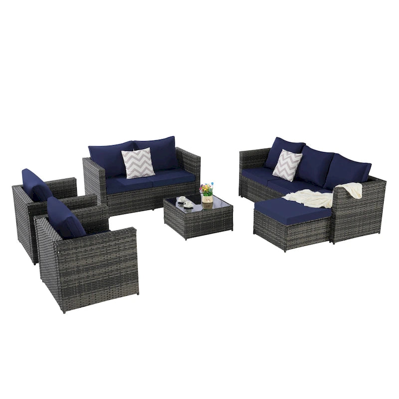 Ensemble de canapé sectionnel 6 pièces en rotin pour patio extérieur avec table basse en verre trempé et 2 fauteuils