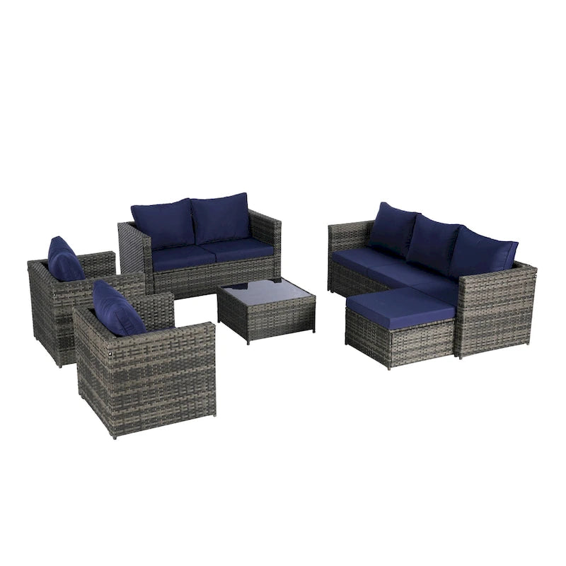 Ensemble de canapé sectionnel 6 pièces en rotin pour patio extérieur avec table basse en verre trempé et 2 fauteuils