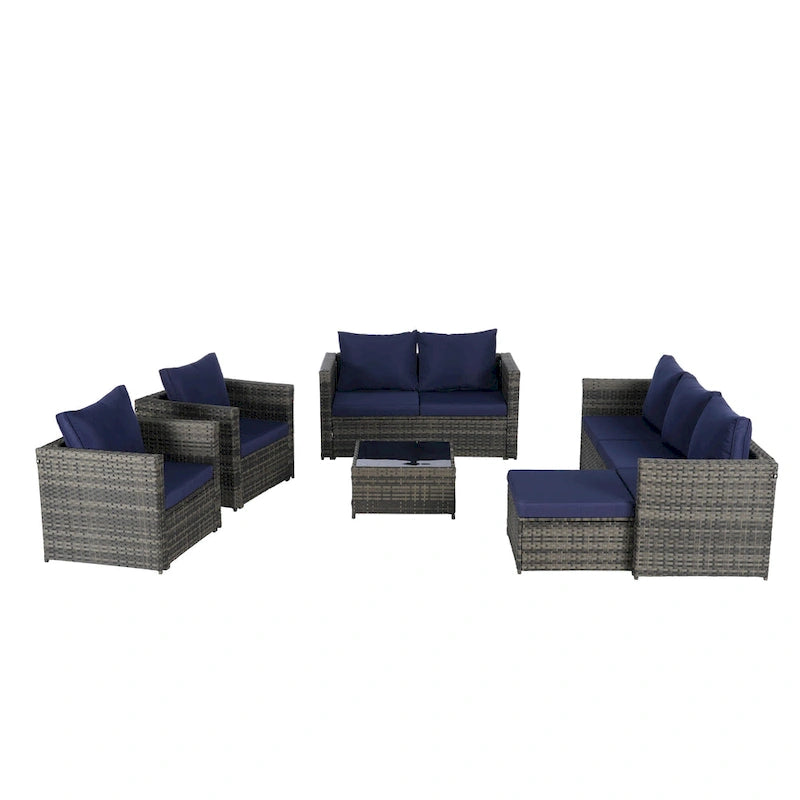 Ensemble de canapé sectionnel 6 pièces en rotin pour patio extérieur avec table basse en verre trempé et 2 fauteuils