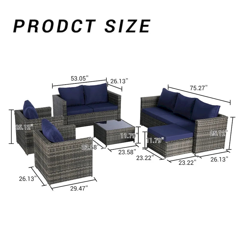 Ensemble de canapé sectionnel 6 pièces en rotin pour patio extérieur avec table basse en verre trempé et 2 fauteuils