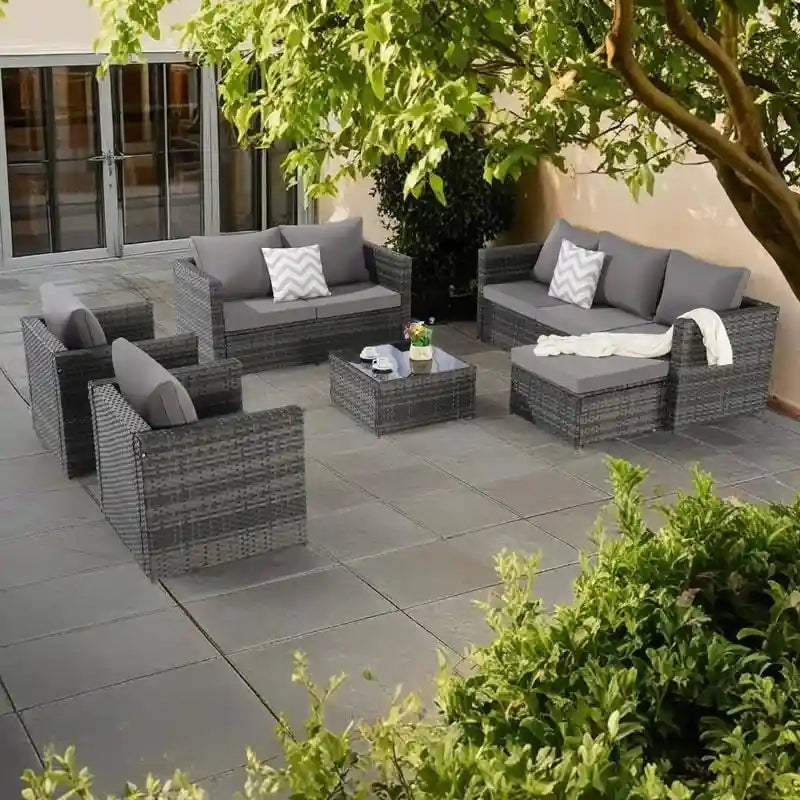 Ensemble de canapé sectionnel 6 pièces en rotin pour patio extérieur avec table basse en verre trempé et 2 fauteuils