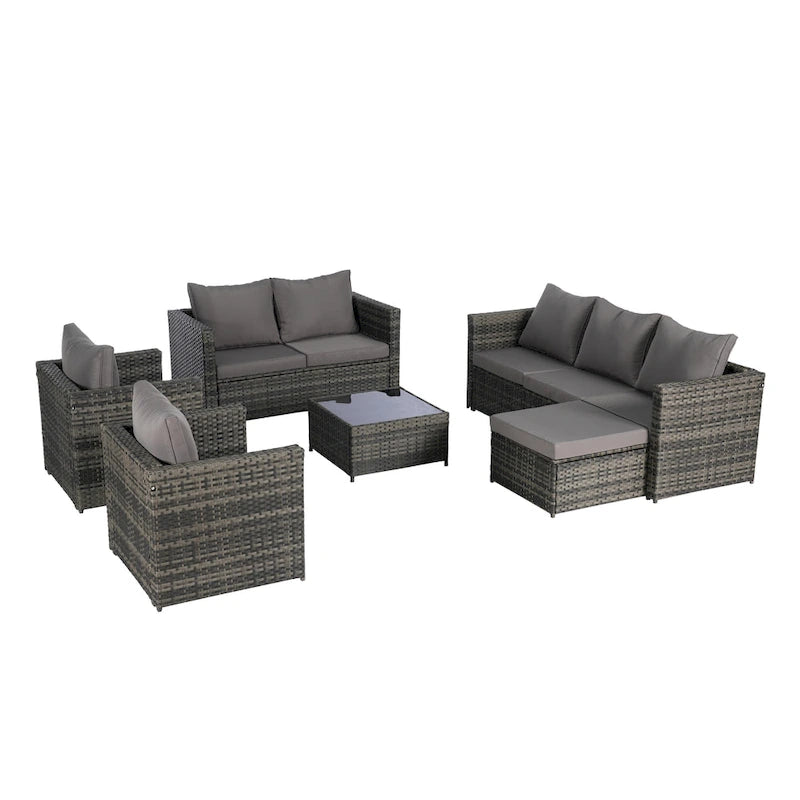 Ensemble de canapé sectionnel 6 pièces en rotin pour patio extérieur avec table basse en verre trempé et 2 fauteuils