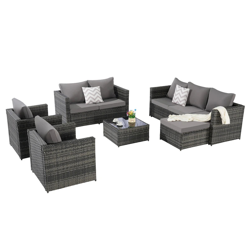 Ensemble de canapé sectionnel 6 pièces en rotin pour patio extérieur avec table basse en verre trempé et 2 fauteuils