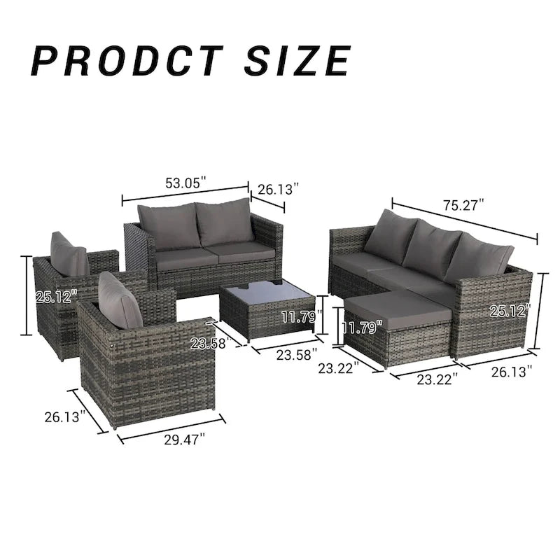 Ensemble de canapé sectionnel 6 pièces en rotin pour patio extérieur avec table basse en verre trempé et 2 fauteuils