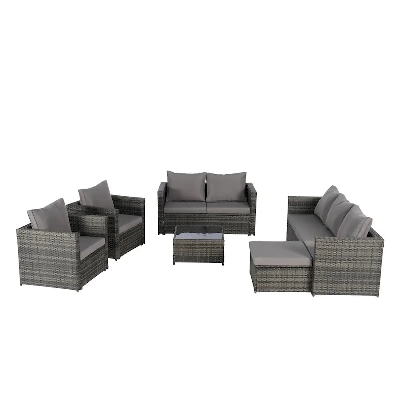 Ensemble de canapé sectionnel 6 pièces en rotin pour patio extérieur avec table basse en verre trempé et 2 fauteuils